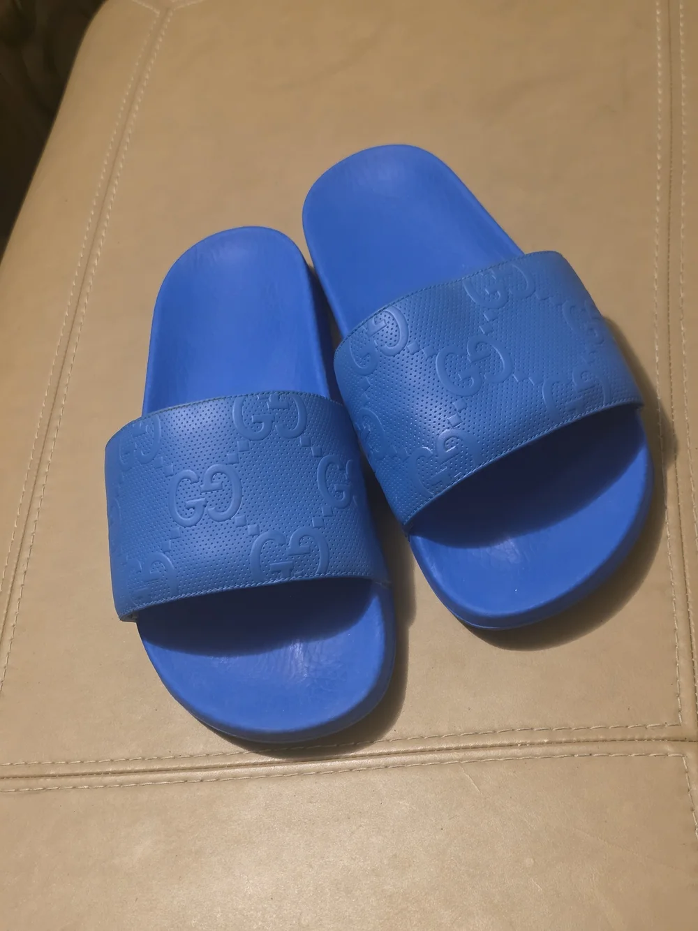 Gucci Bright Blue Rubber Slide Sandals - Women's GG Embossed Strap
